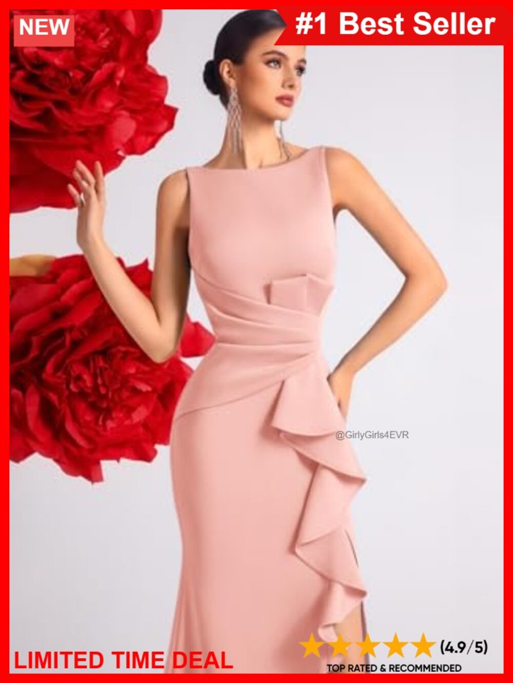Sleeveless Bodycon Formal Prom Dress High Slit Ruffle Ruched - Picture 6 of 6